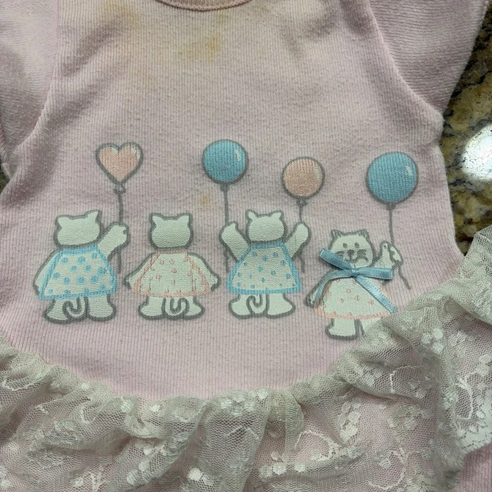 Vintage Buster Brown Pink Cat Balloon Lace Ruffle Baby Bodysuit 6-9 Months